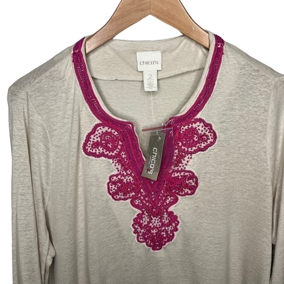 NWT CHICO’s tan pink crochet V neck blouse Chicos 2 Sz L - Picture 3 of 8